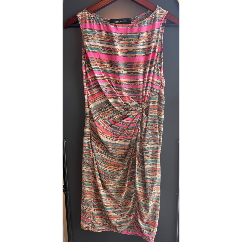 Thakoon Womens Size 2 Silk Draped Mini Dress Abstract Stripe Pink Teal Luxury